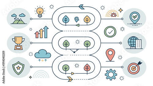 Infographic illustrating environmental concepts and sustainable development processes with icons and flowcharts