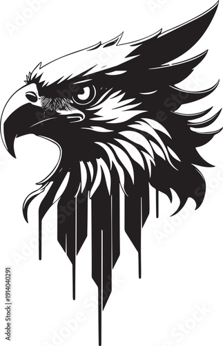 Eagle head silhouette logo with dripping paint effect, majestic bird of prey mascot icon for sports and bold branding.