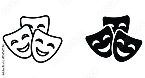 Collection of three smiling comedy theater masks in both outline and solid styles