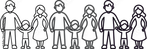 Family Silhouette Line Art, Parents Holding Children's Hands, Simple Figures