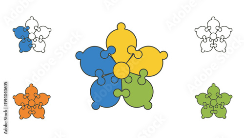 Colorful Puzzle Pieces Forming Flower Shapes.