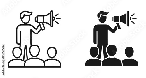 Vector illustration of leader making an announcement to a crowd using a loudspeaker