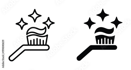 Black outline and solid silhouette icons of a toothbrush with paste and sparkles