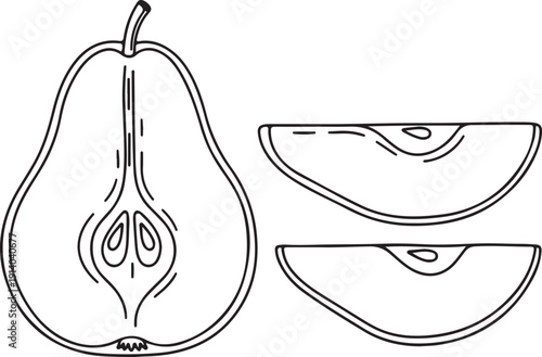 Pear and slices illustrated in a simple black outline on a white background for a clean visual representation of fresh fruit.