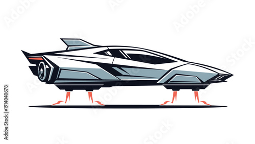 Sleek and aerodynamic futuristic hover car design with visible thrusters firing as it floats above the ground in a stylized illustration.