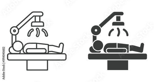 Medical icons showing a patient undergoing surgery with a robotic arm on a table