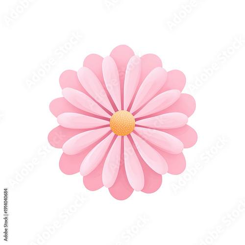 Pink and pastel, daisy-like flower, viewed from above, with yellow center, set on black background