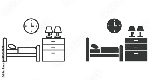Minimalist bedroom furniture icon set featuring bed dresser lamps and clock for interior design