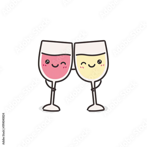 Cartoon depiction of two smiling wine glasses, filled with pink and white liquid, toasting