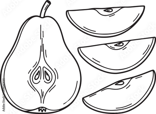 Fresh pear fruit sliced into three segments with a whole pear nearby for healthy eating and nutrition