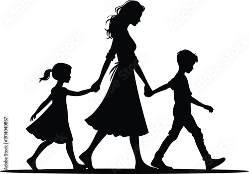 Silhouette of a mother walking with her two children representing family togetherness and childhood isolated isolated on white background