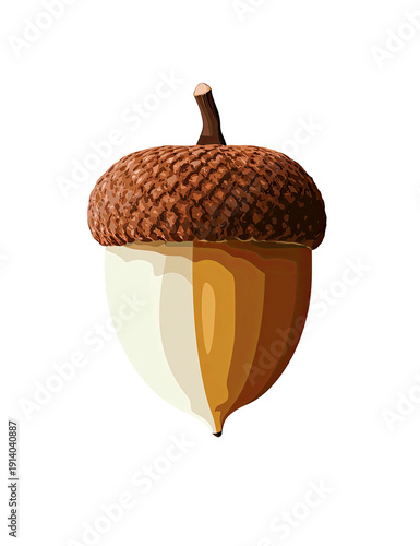 Digitally rendered, isolated illustration of an acorn against a stark black background