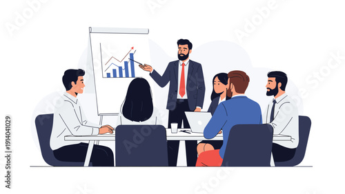 Professional businessman standing by a flipchart to present a success graph to a group of colleagues seated around a conference table.