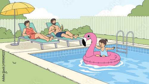 Two men relaxing on sun loungers by a backyard swimming pool while a young girl plays joyfully on a pink flamingo inflatable float.