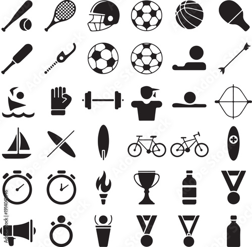 black icons of various sports equipment and symbols on white background
