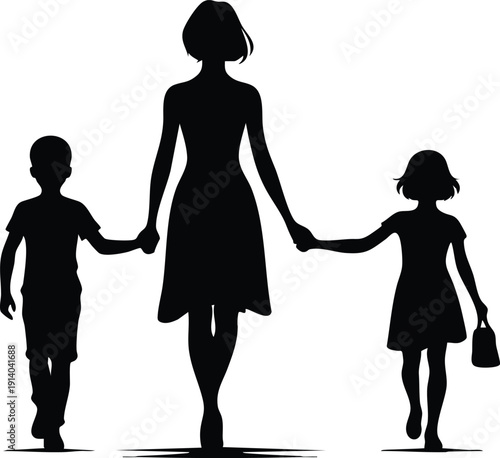Silhouette of a mother holding hands with her son and daughter representing family unity and love isolated on a white background