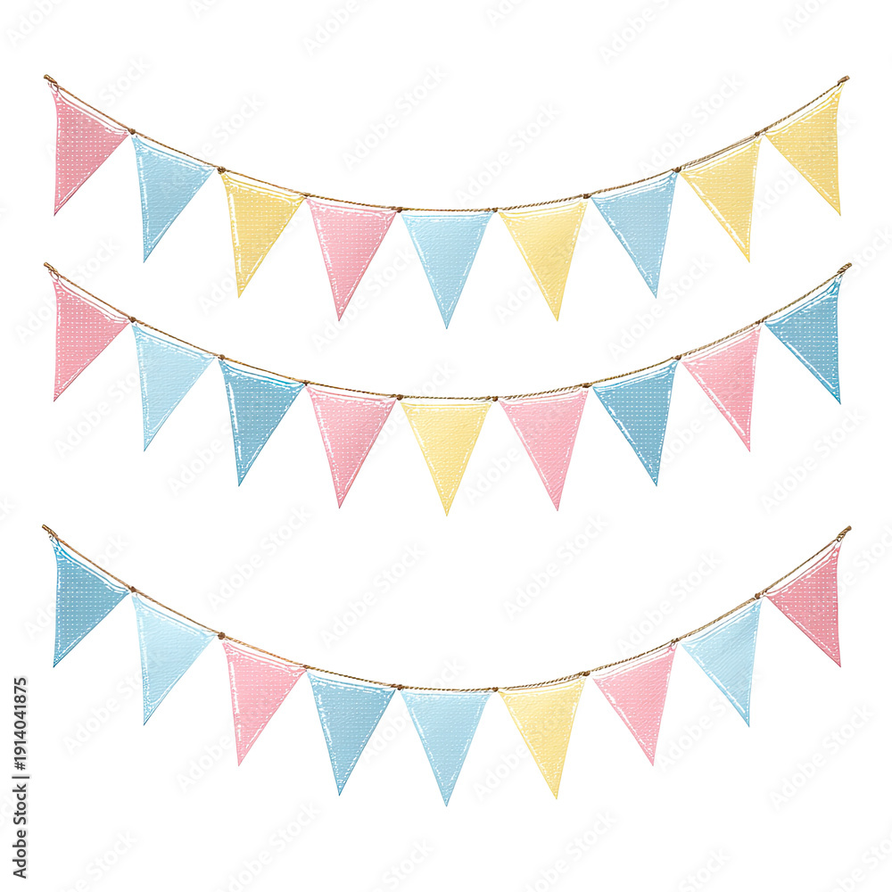 Obraz premium Three rows of colorful triangular flags, suspended against a black background