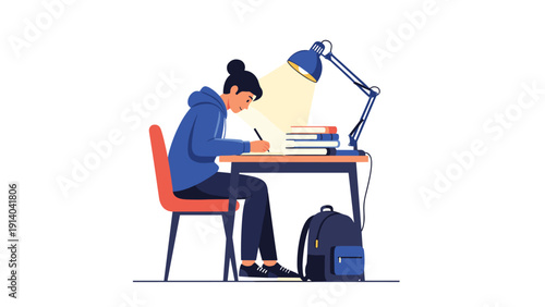 Dedicated student sitting at a desk with a bright lamp and a stack of books while focused on writing in a notebook or drawing.