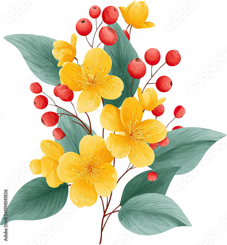 A vibrant watercolor illustration of yellow blossoms, red berries, and green foliage
