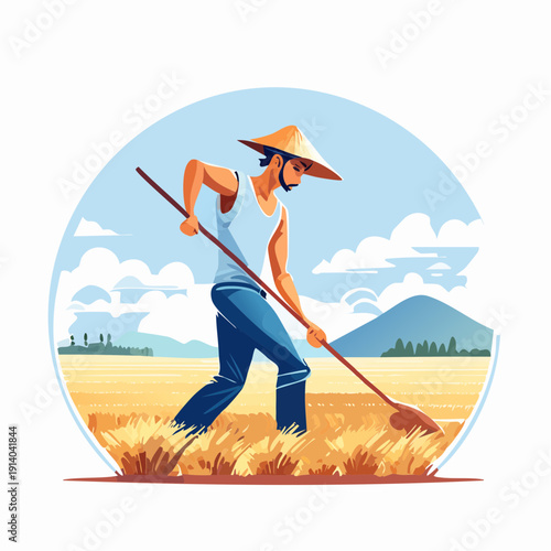Diligent farmer wearing a traditional Asian hat cultivating a golden agricultural field
