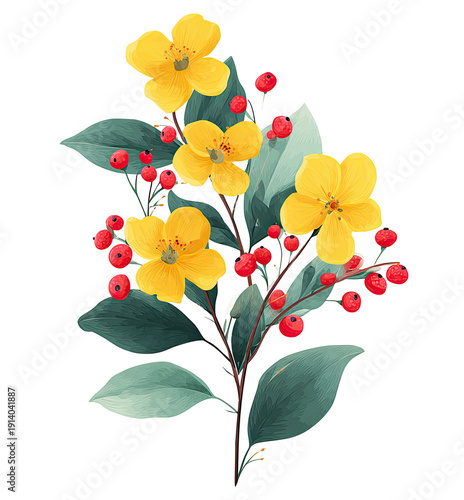 Watercolor illustration of a floral arrangement with yellow blooms, red berries, and green foliage