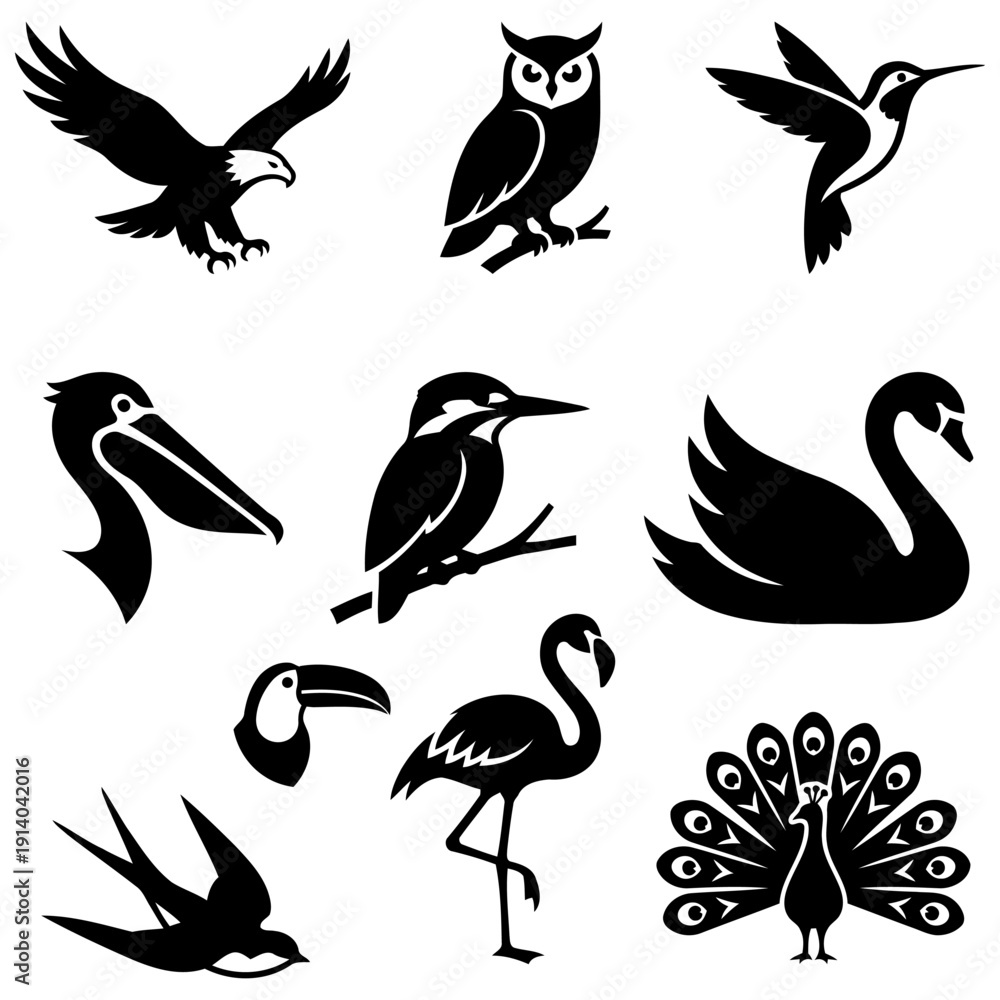 Fototapeta premium Bird silhouette icon set. eagle, owl, hummingbird, pelican, kingfisher, swan, toucan, flamingo, peacock, swallow wildlife flying animal collection Flat vector illustration