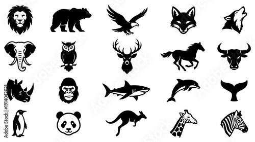 Wild animal silhouette icon set. lion, bear, eagle, fox, wolf, elephant, owl, deer, horse, bull, rhino, gorilla, shark, dolphin, whale, penguin, panda, kangaroo, giraffe, zebra wildlife collection 