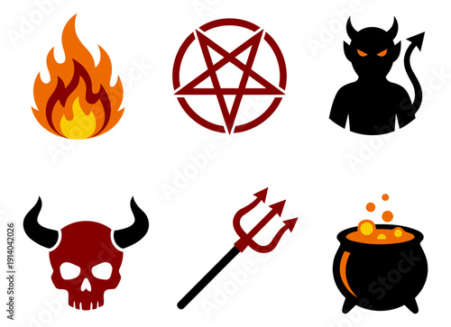 Devil demon dark symbol icon set. fire, pentagram, satan silhouette, skull, trident, cauldron occult horror evil mythology halloween gothic collection Flat vector illustration