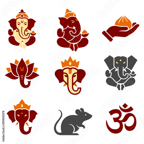 Ganesha Ganpati Hindu deity icon set Indian religious festival symbol elephant god om modak lotus spiritual culture traditional devotional design Flat vector illustration