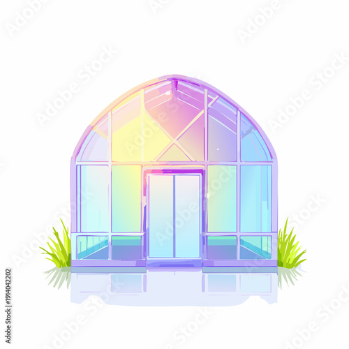 Vibrant Iridescent Glass Greenhouse Illustration, a Modern Botanical Structure for Cultivating Plants and Flowers