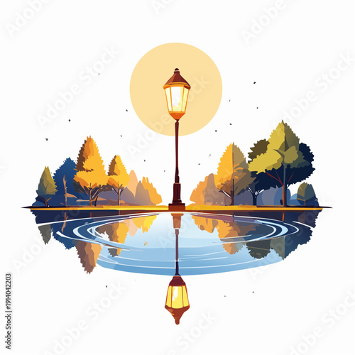 Park Lamp Reflection in Water with Autumn Trees and Sun