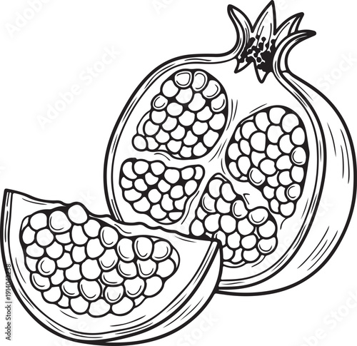 Detailed black and white vector illustration of a freshly cut pomegranate showcasing its juicy arils and internal structure perfect for healthy eating designs or cookbook accents