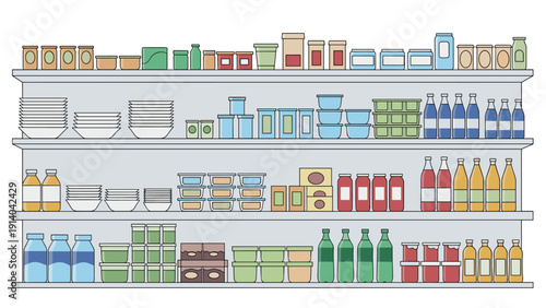 Four long shelves in a pantry or retail shop neatly filled with organized jars, bottles, bowls, and storage containers in many colors.