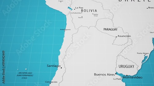 Smooth camera flyover across South America on a detailed political world map.