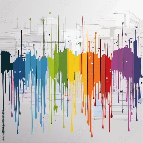 Colorful Abstract Splatter Background with Rainbow Hue Variations and Geometric Elements
