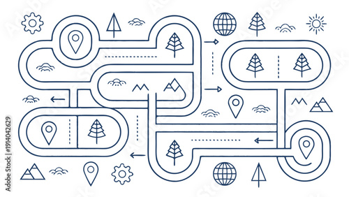 Navigating through a symbolic landscape with icons representing journey, location, and environment in a stylized infographic