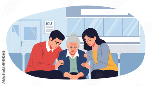 Distressed elderly woman crying while being tenderly comforted by two young relatives in a hospital waiting area near an ICU door.