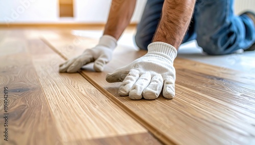 Professional installer wearing white gloves fitting light oak wood laminate planks on floor during home interior renovation