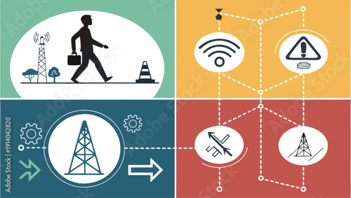 Quad view illustration showing man walking, wireless signal transmission, and various industrial icons in pictogram style
