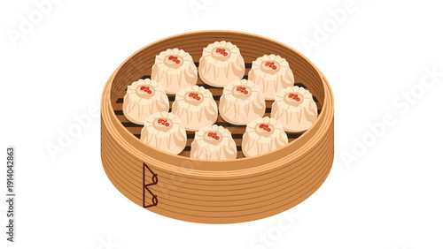 Bamboo steamer basket is filled with traditional Chinese dim sum dumplings, showing a delicious and authentic culinary experience.