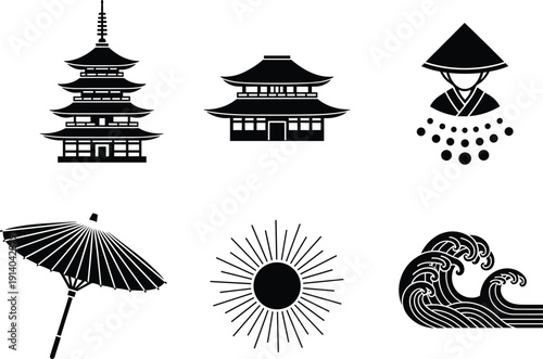 Black silhouette icon set of Japanese cultural symbols featuring a traditional pagoda temple oriental woman in kimono parasol rising sun and ocean wave