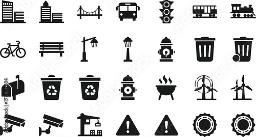 Comprehensive collection of black flat icons featuring industrial factories medical healtnge symbols