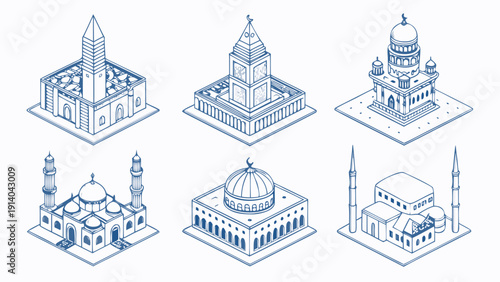 Collection of Architectural Buildings and Landmarks Illustrated in Pictogram Style