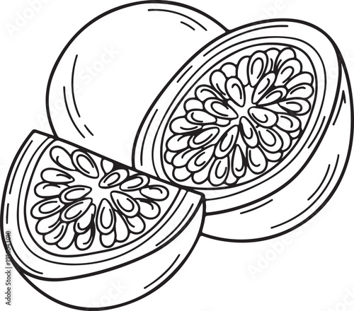 Hand drawn black and white outline illustration of a whole passion fruit cut in half revealing its juicy pulp and a separate wedge ready for delicious consumption in a simple graphic style.