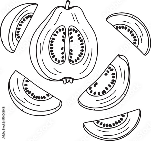Fresh papaya slices arranged around a halved papaya fruit in a simple black and white illustration showcasing the fruit's texture and seeds