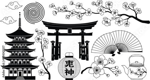 Comprehensive set of black flat Japanese culture icons featuring traditional pagoda temples torii gates cherry blossoms zen stones fans and tea kettles for travel