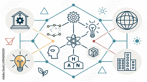 Innovative human concepts connected through icons representing technology and science in a network visualization