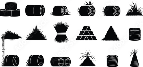 Black hay bale and grass silhouette icon set isolated on white background, agriculture farming straw bundle vector collection design elementsBlack hay 