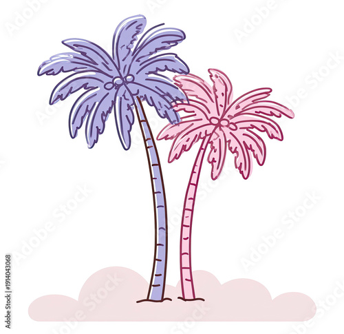 Cartoon depiction of two palm trees with pink and purple fronds, set on a cloud