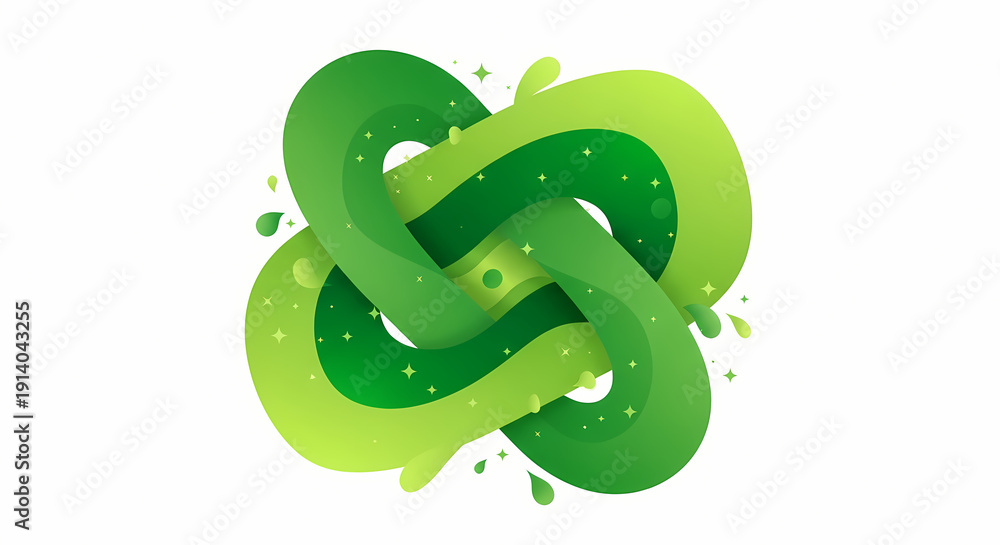 Fototapeta premium Vibrant green abstract intertwined fluid shape, a dynamic graphic design representing continuous flow, growth, and good fortune, ideal for modern digital projects